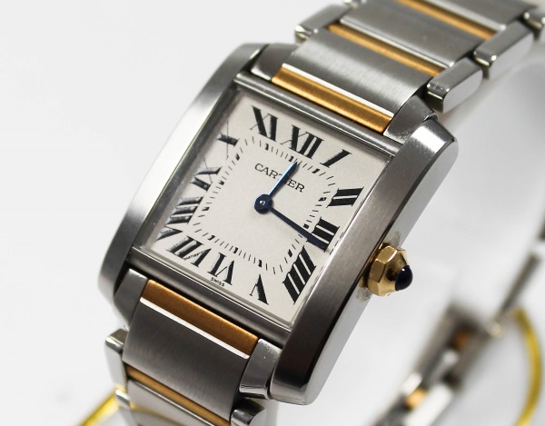 Cartier Tank française Damenarmbanduhr Stahl und Gold weisses Zifferblatt mit römischen Ziffern